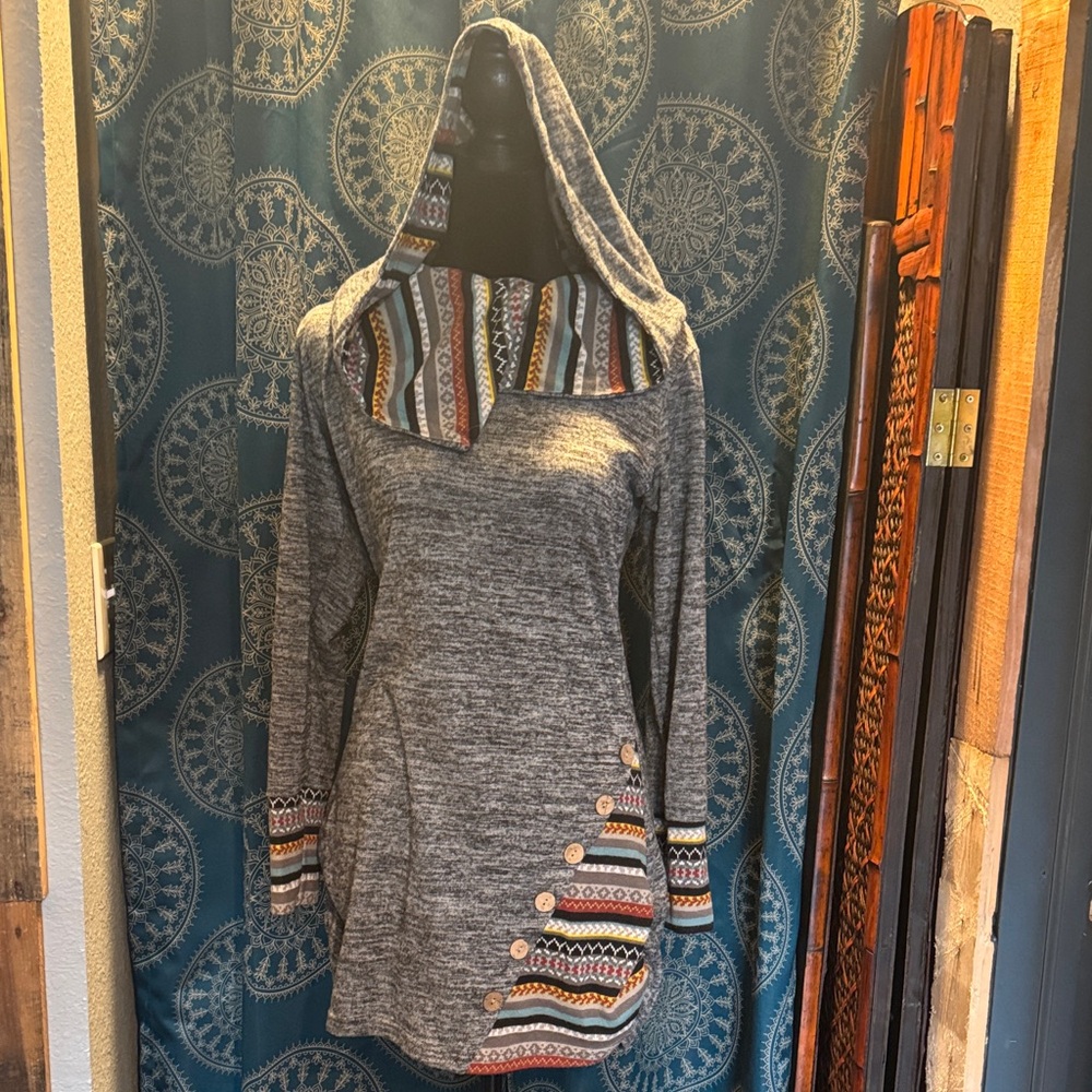 Gray Hooded Tunic with Aztec Trim